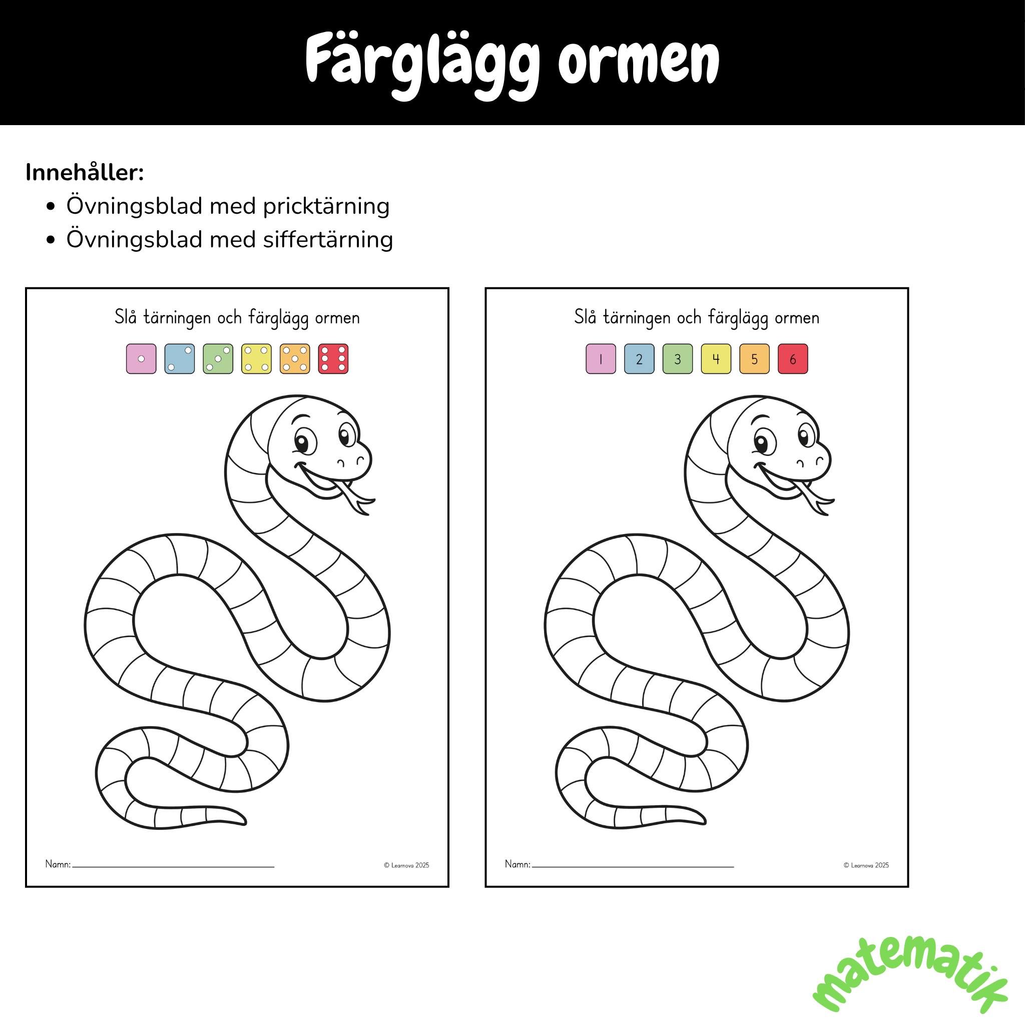 Övningsblad - Slå tärningen och färglägg ormen