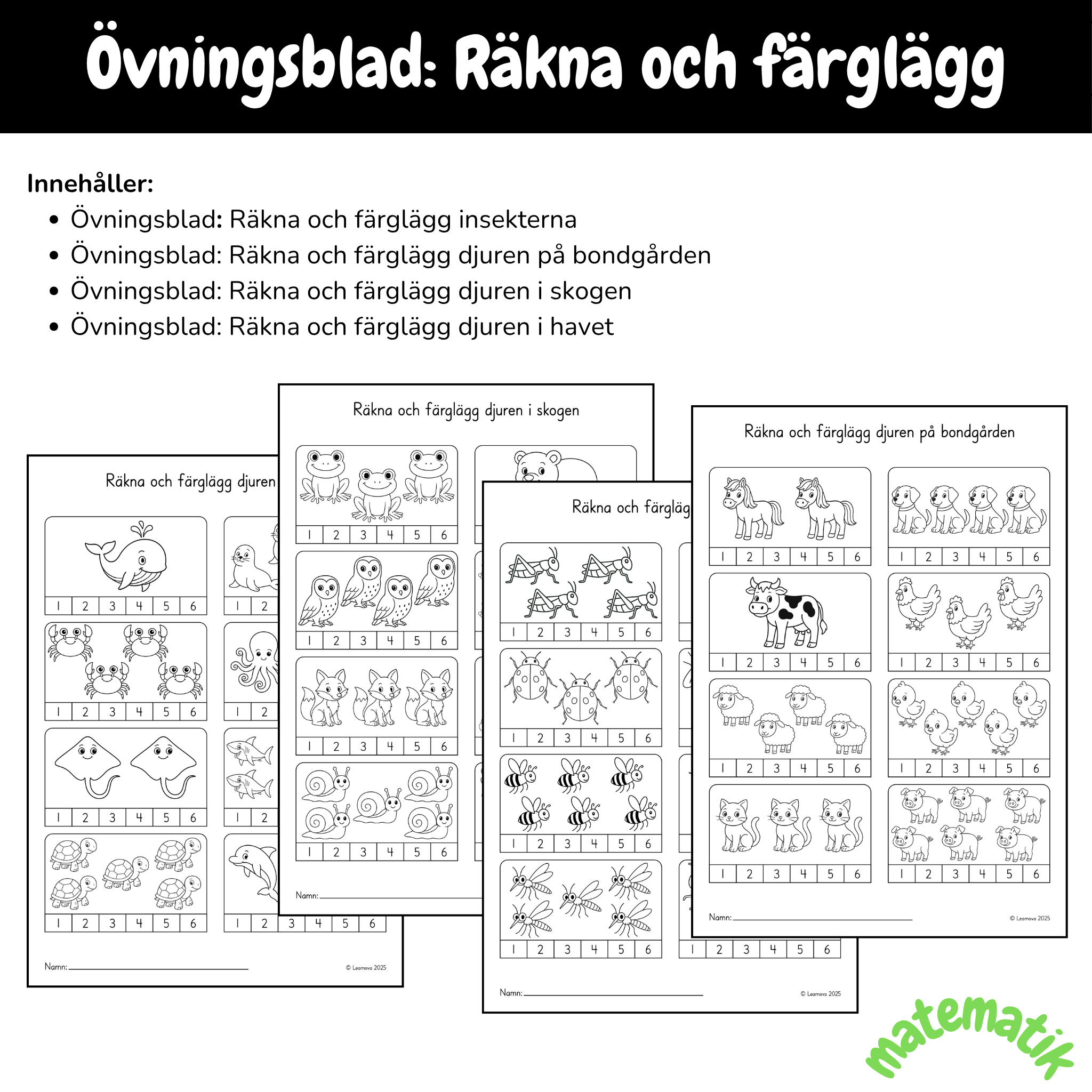 Övningsblad - Räkna och färglägg djuren