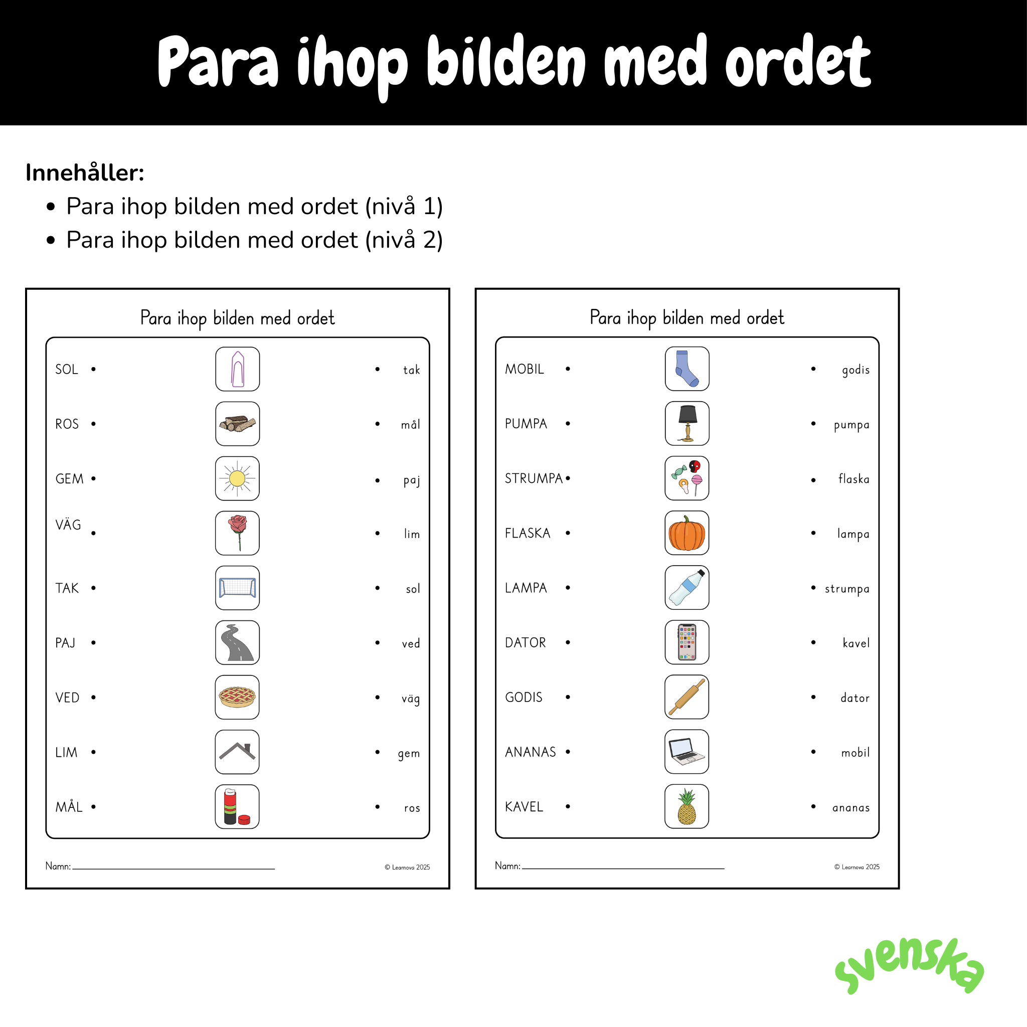 Övningsblad - Para ihop bilden med ordet