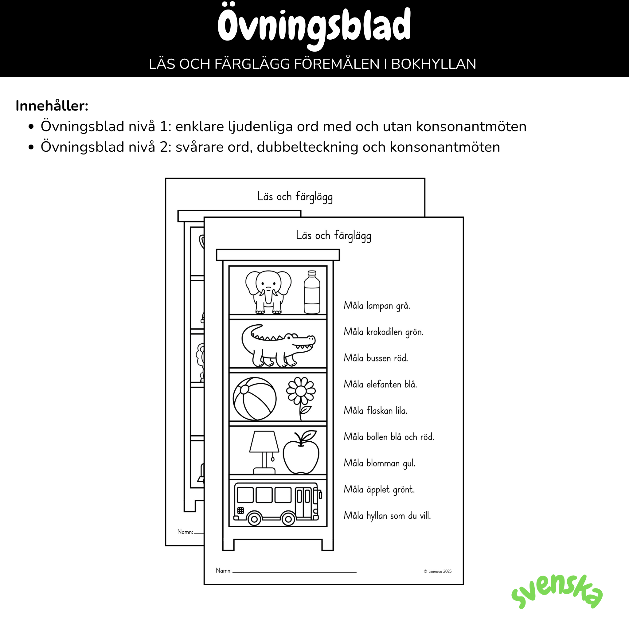 Övningsblad - Läs och färglägg föremålen i bokhyllan