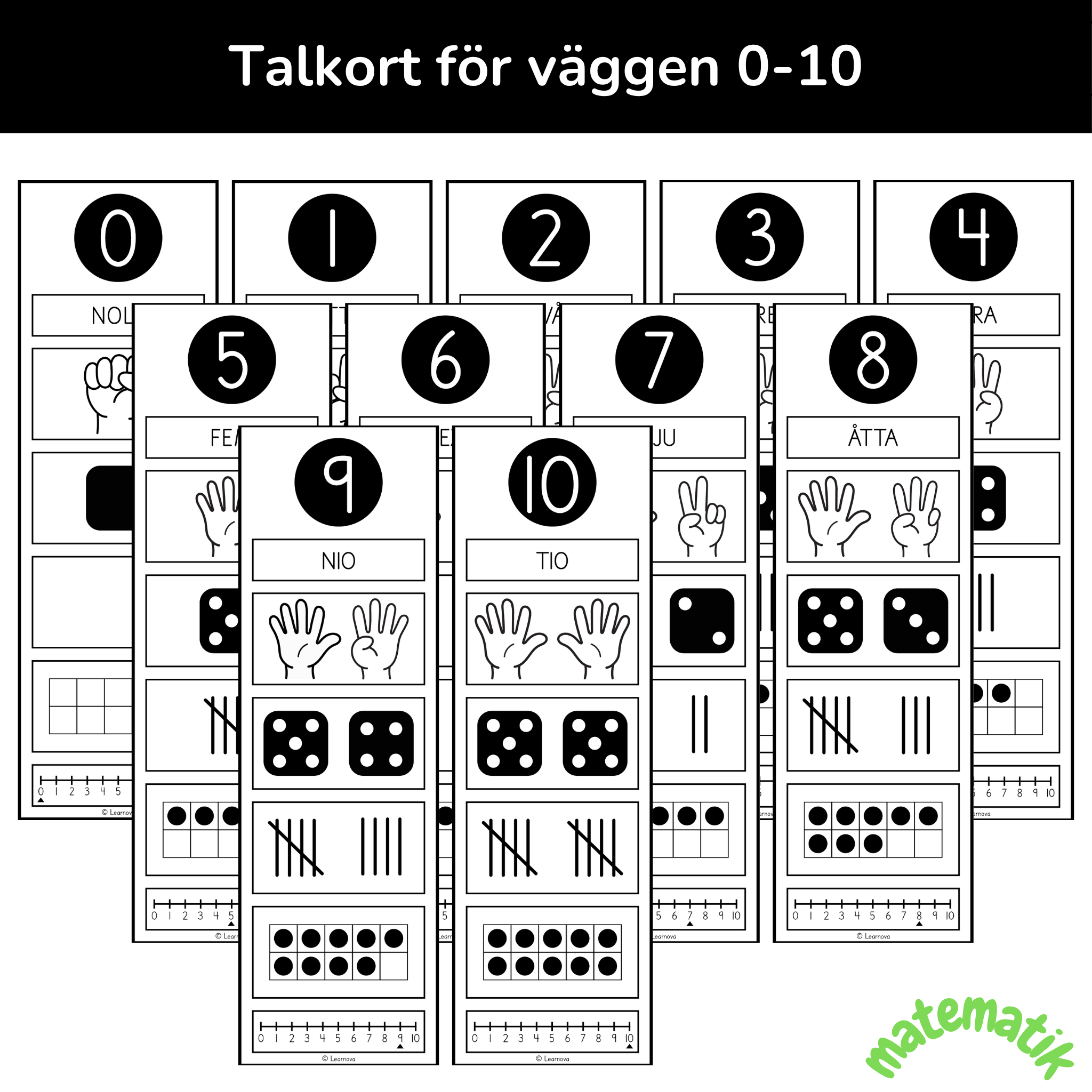 Talkort för väggen 0-10 (svartvita)